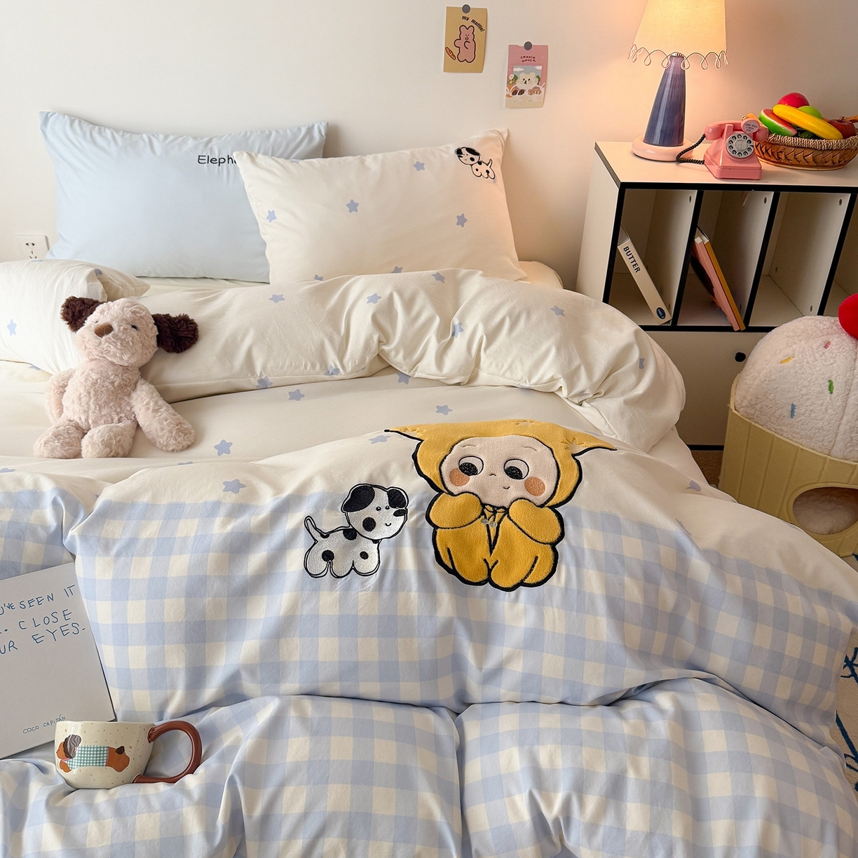 91家纺网 家纺一手货源 找家纺 吾欢心 2026春夏新款水洗棉可爱卡通贴布绣花四件套夏被四件套 星星宝贝