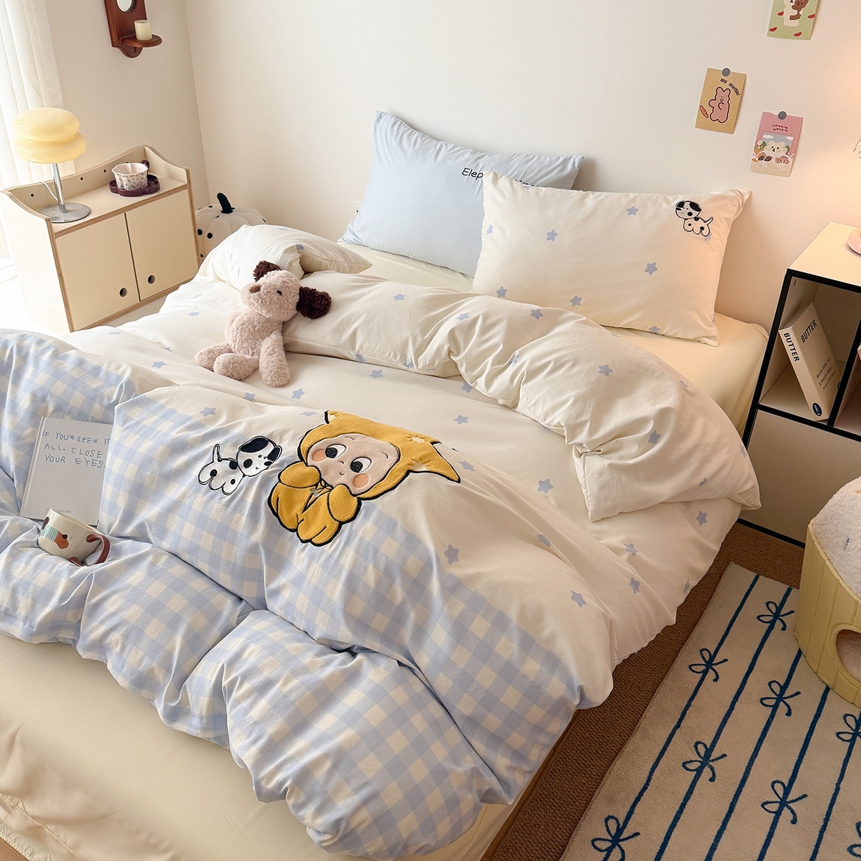 91家纺网 家纺一手货源 找家纺 吾欢心 2026春夏新款水洗棉可爱卡通贴布绣花四件套夏被四件套 星星宝贝