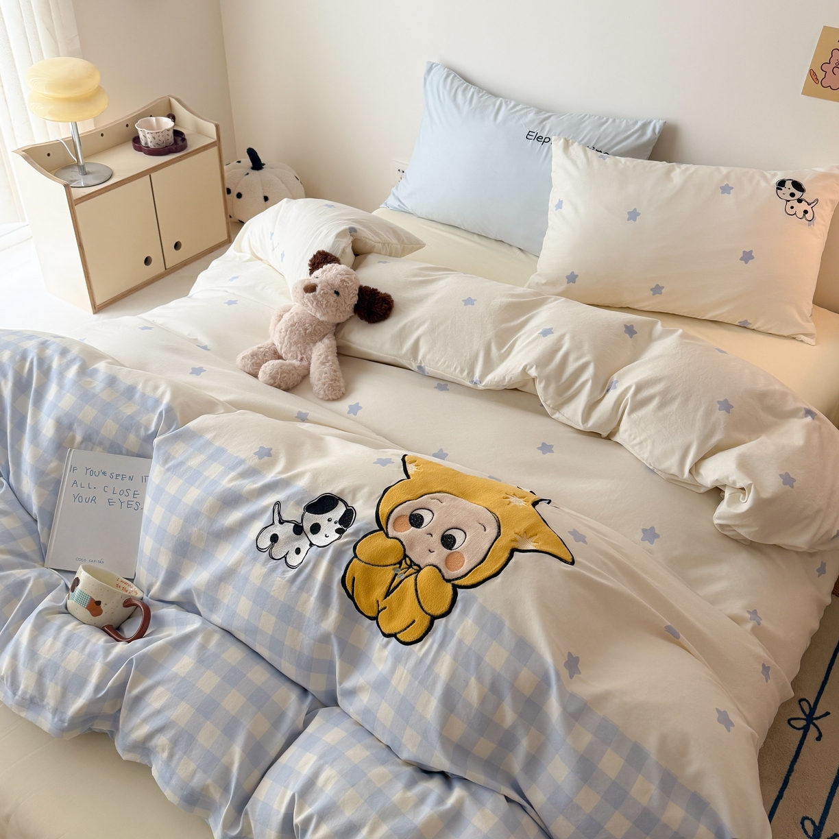 91家纺网 家纺一手货源 找家纺 吾欢心 2026春夏新款水洗棉可爱卡通贴布绣花四件套夏被四件套 星星宝贝