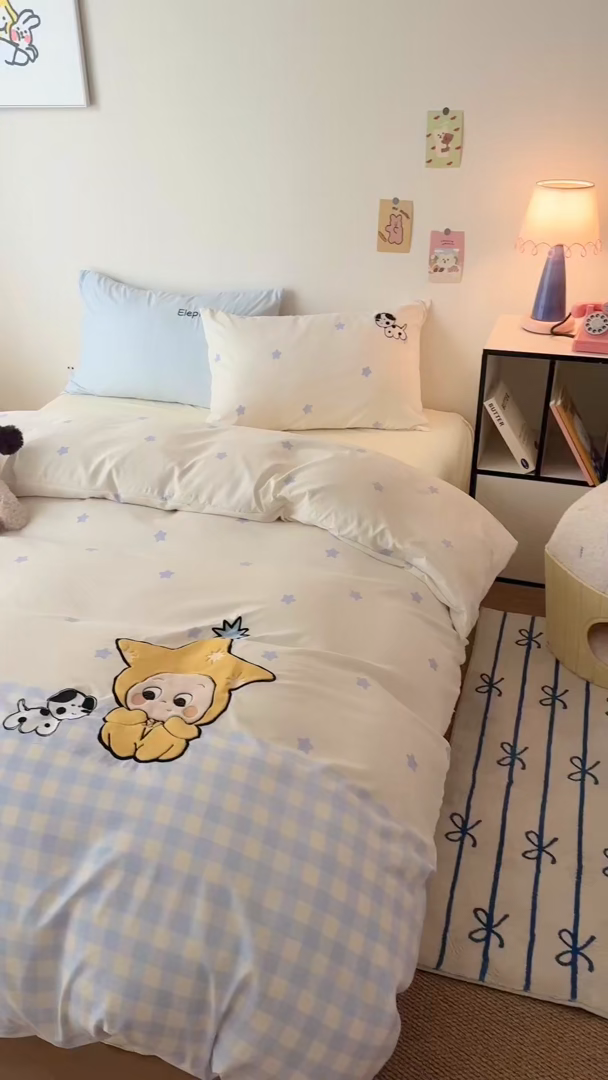 91家纺网 家纺一手货源 找家纺 吾欢心 2026春夏新款水洗棉可爱卡通贴布绣花四件套夏被四件套 星星宝贝