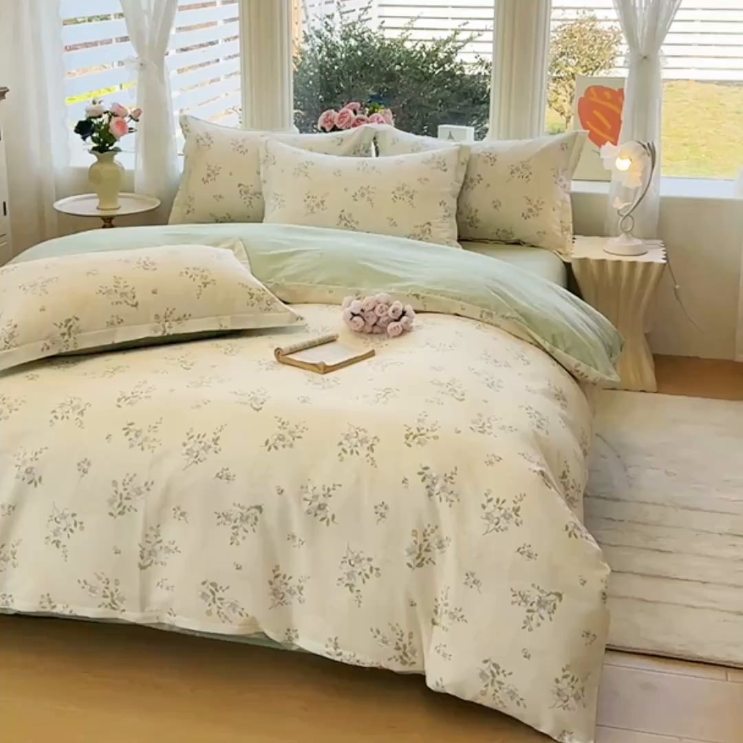 91家纺网 家纺一手货源 找家纺 佑金甜 2026新款精梳全棉印花四件套 青枝白樱