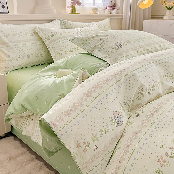 91家纺网 家纺一手货源 找家纺 佑金甜 2026新款精梳全棉印花四件套 森系小兔