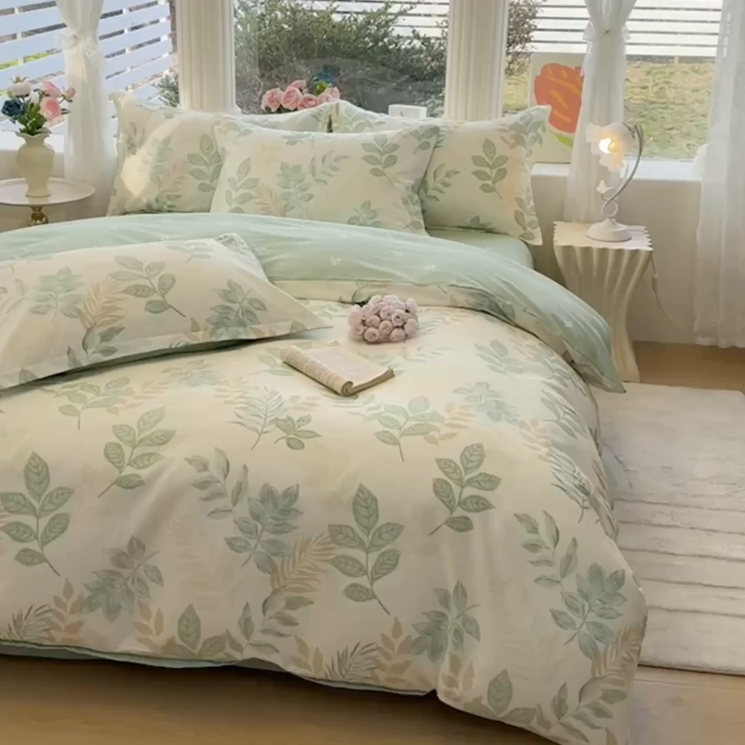 91家纺网 家纺一手货源 找家纺 佑金甜 2026新款精梳全棉印花四件套 叶语