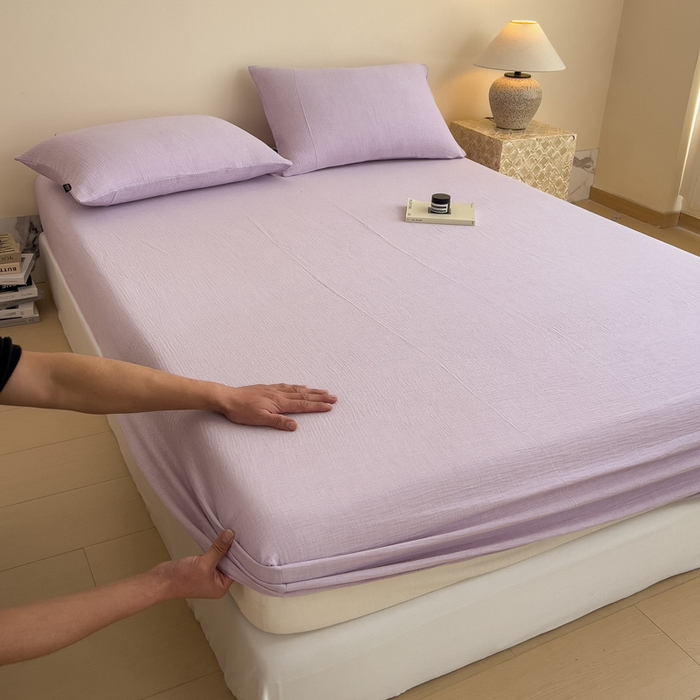 91家纺网 家纺一手货源 找家纺 （总）席世家 2026新款全棉纯棉纯色皱皱纱单床笠 床笠单件