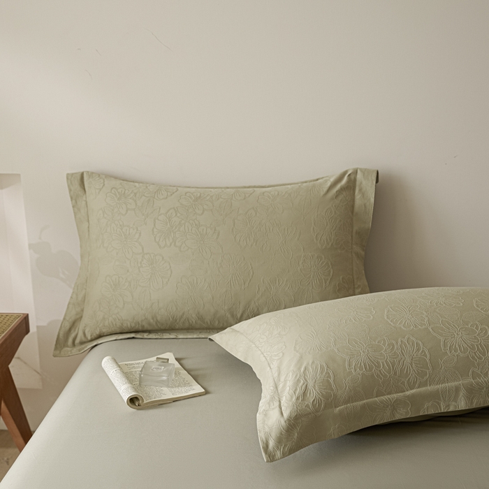 91家纺网 家纺一手货源 找家纺 禾时 2026春夏新品全棉立体浮雕提花双拼色四件套-繁花 奶绿-浅绿灰