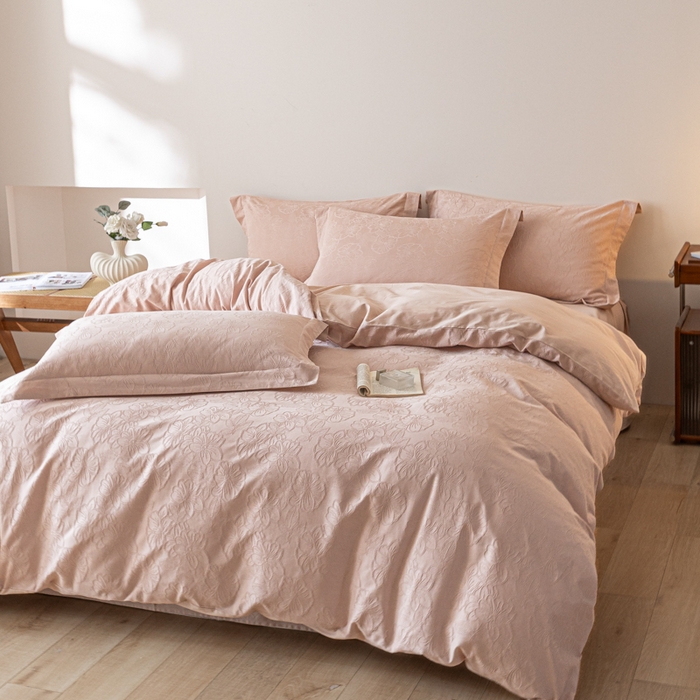 91家纺网 家纺一手货源 找家纺 禾时 2026春夏新品全棉立体浮雕提花双拼色四件套-繁花 白茶桃粉-月光色