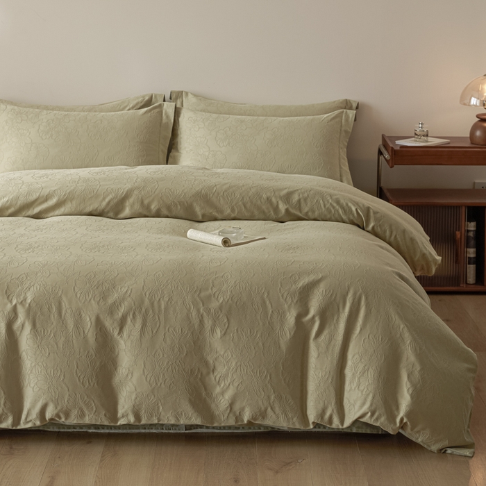 91家纺网 家纺一手货源 找家纺 禾时 2026春夏新品全棉立体浮雕提花双拼色四件套-繁花 奶绿-浅绿灰