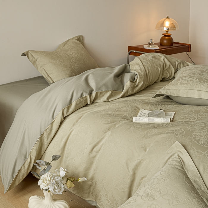 91家纺网 家纺一手货源 找家纺 禾时 2026春夏新品全棉立体浮雕提花双拼色四件套-繁花 奶绿-浅绿灰