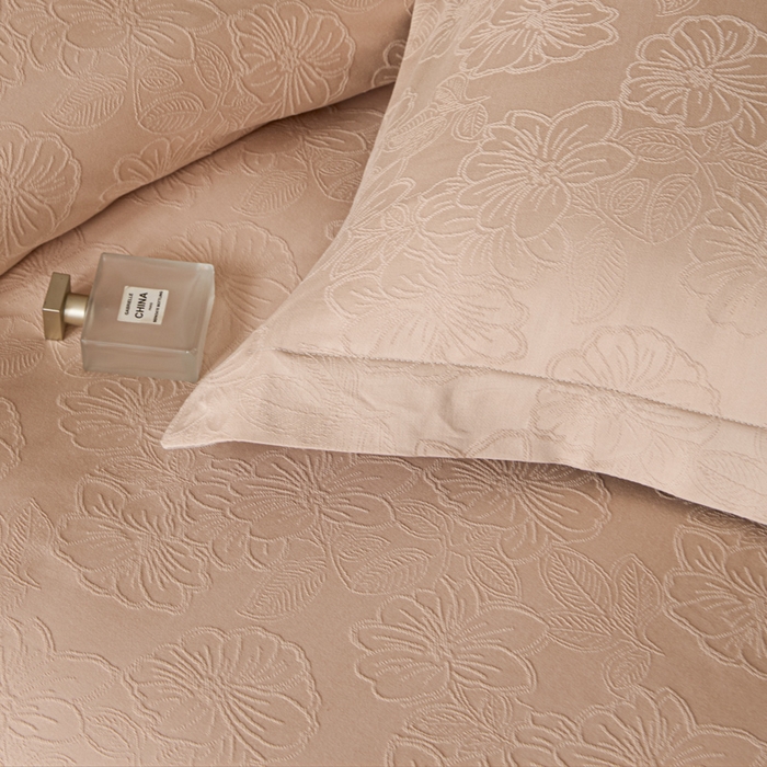 91家纺网 家纺一手货源 找家纺 禾时 2026春夏新品全棉立体浮雕提花双拼色四件套-繁花 裸粉-格调灰