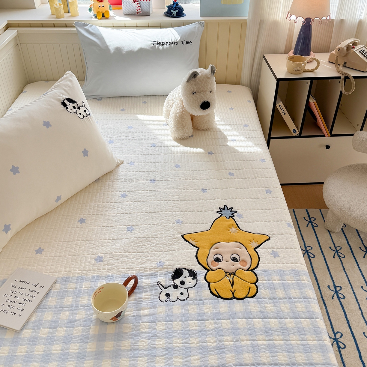 91家纺网 家纺一手货源 找家纺 吾欢心 2026新款水洗棉可爱卡通贴布绣花床盖单品床盖单件三件套 星星宝贝