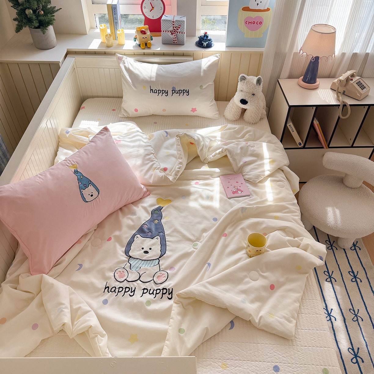 91家纺网 家纺一手货源 找家纺 吾欢心 2026新款水洗棉可爱卡通贴布绣花床盖单品床盖单件三件套 开心露比