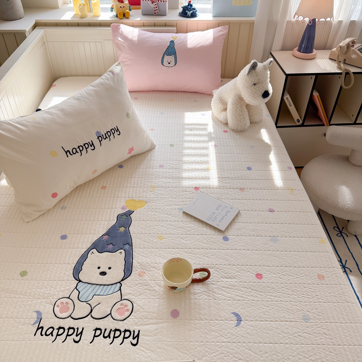 91家纺网 家纺一手货源 找家纺 吾欢心 2026新款水洗棉可爱卡通贴布绣花床盖单品床盖单件三件套 开心露比