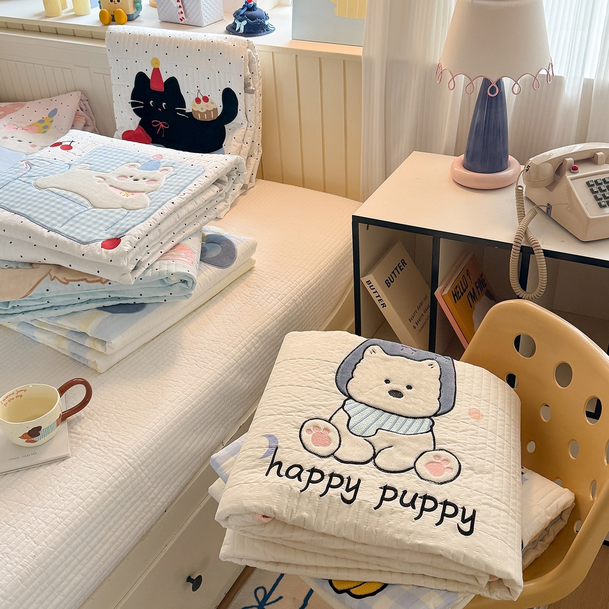 91家纺网 家纺一手货源 找家纺 吾欢心 2026新款水洗棉可爱卡通贴布绣花床盖单品床盖单件三件套 组合图仅供参考不可下单