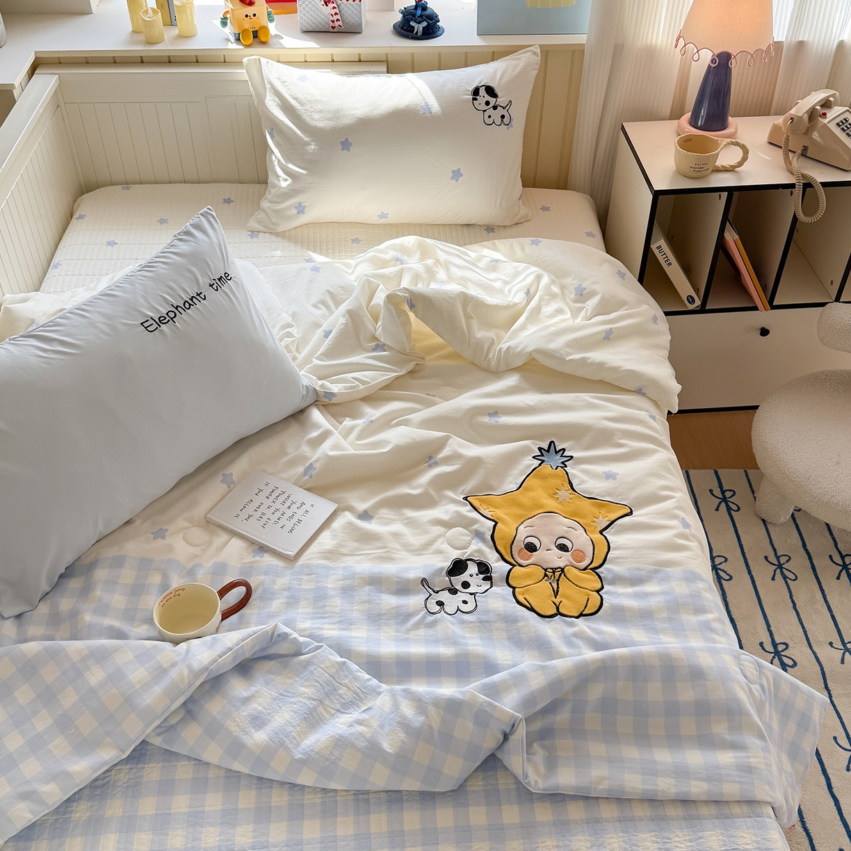 91家纺网 家纺一手货源 找家纺 吾欢心 2026新款水洗棉可爱卡通贴布绣花床盖单品床盖单件三件套 星星宝贝