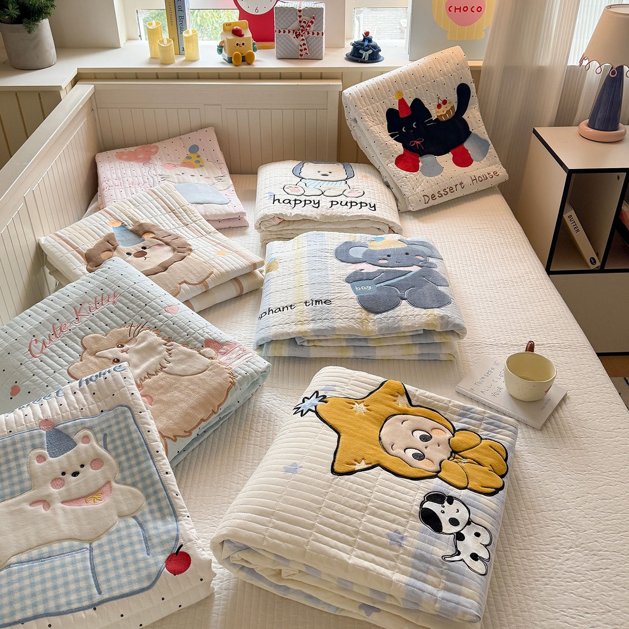 吾欢心 2026新款水洗棉可爱卡通贴布绣花床盖单品床盖单件三件套 组合图仅供参考不可下单