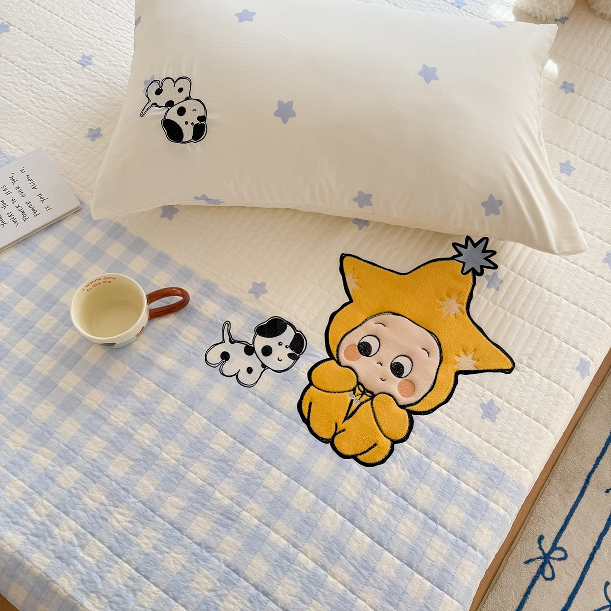 91家纺网 家纺一手货源 找家纺 吾欢心 2026新款水洗棉可爱卡通贴布绣花床盖单品床盖单件三件套 星星宝贝