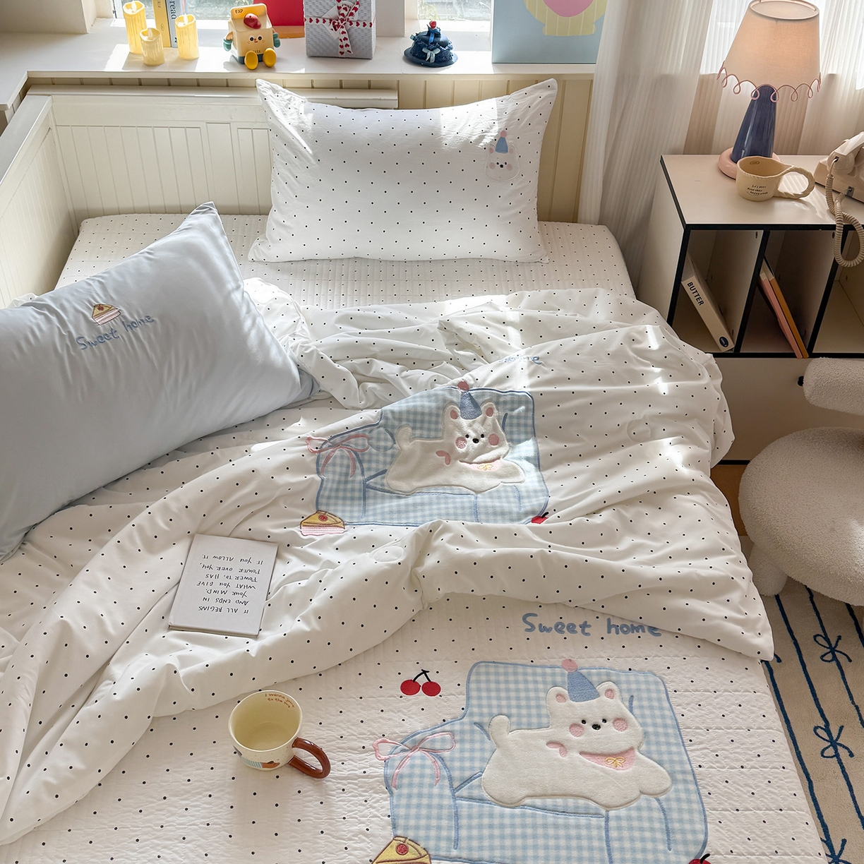 91家纺网 家纺一手货源 找家纺 吾欢心 2026新款水洗棉可爱卡通贴布绣花床盖单品床盖单件三件套 沙发狗