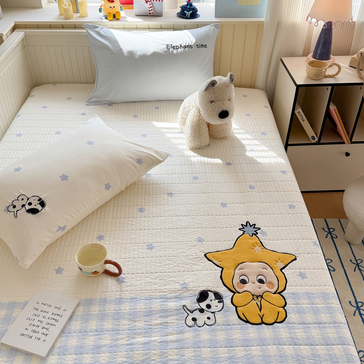 91家纺网 家纺一手货源 找家纺 吾欢心 2026新款水洗棉可爱卡通贴布绣花床盖单品床盖单件三件套 星星宝贝