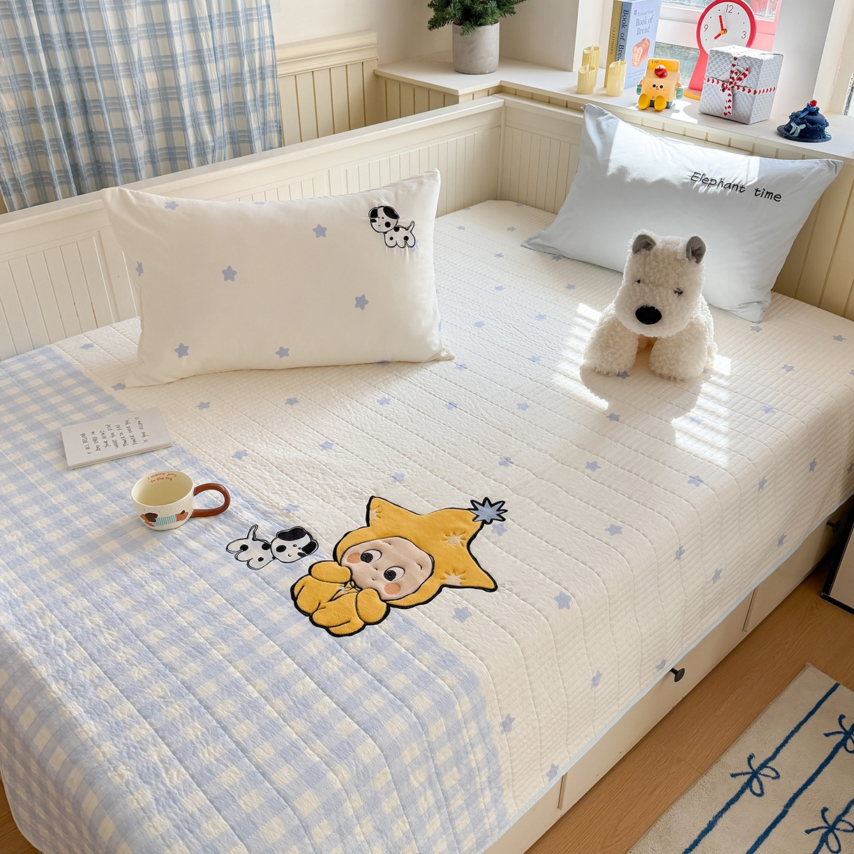 91家纺网 家纺一手货源 找家纺 吾欢心 2026新款水洗棉可爱卡通贴布绣花床盖单品床盖单件三件套 星星宝贝