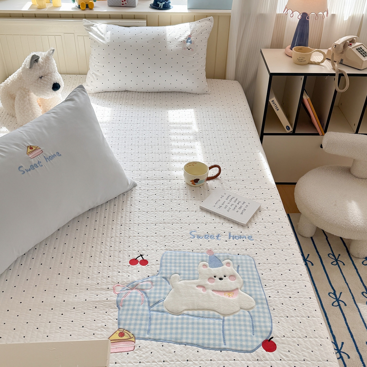 91家纺网 家纺一手货源 找家纺 吾欢心 2026新款水洗棉可爱卡通贴布绣花床盖单品床盖单件三件套 沙发狗