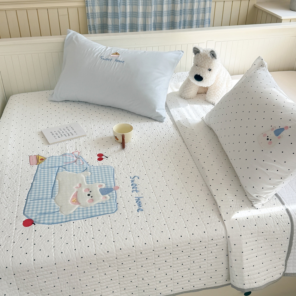 91家纺网 家纺一手货源 找家纺 吾欢心 2026新款水洗棉可爱卡通贴布绣花床盖单品床盖单件三件套 沙发狗