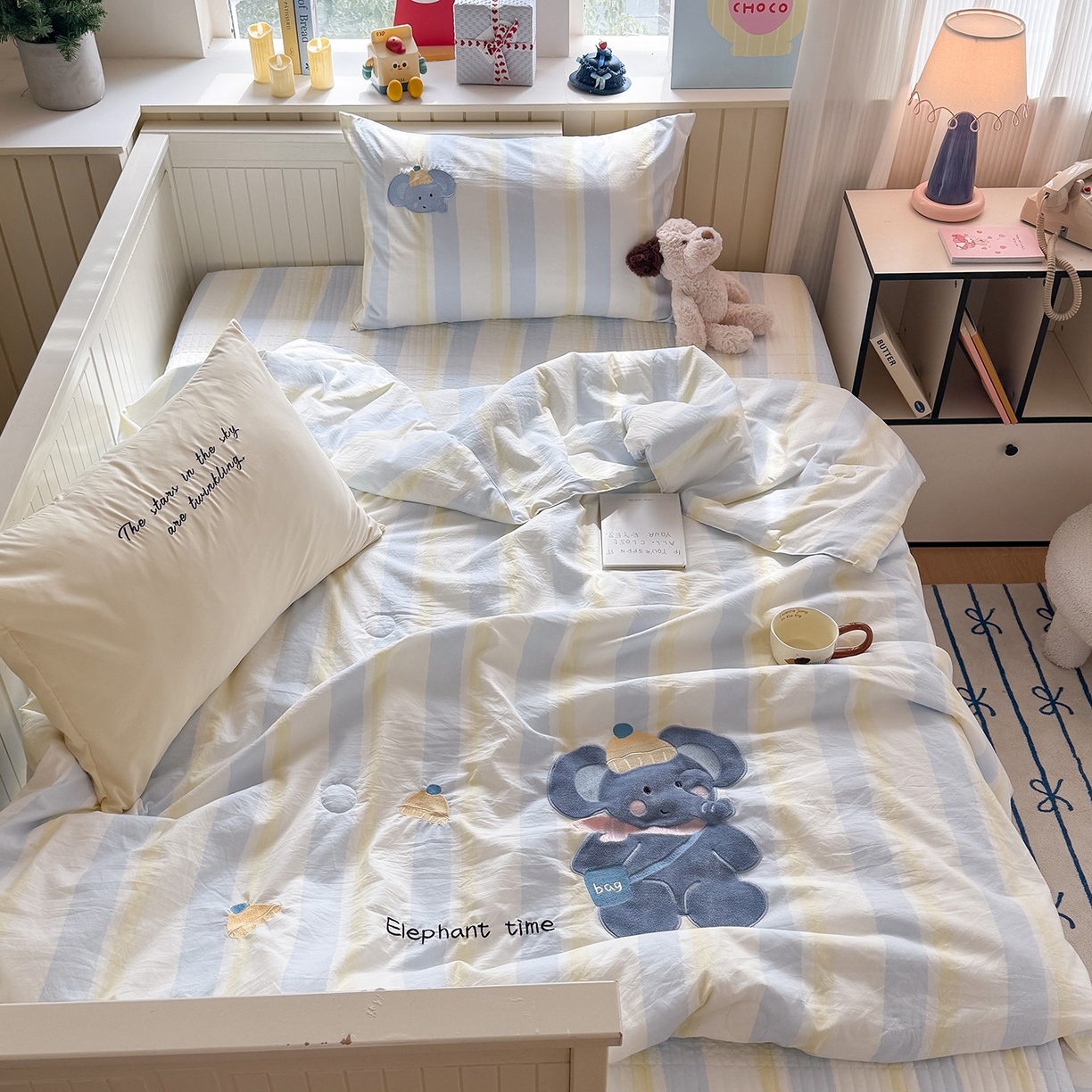 91家纺网 家纺一手货源 找家纺 吾欢心 2026新款水洗棉可爱卡通贴布绣花床盖单品床盖单件三件套 萌萌小象