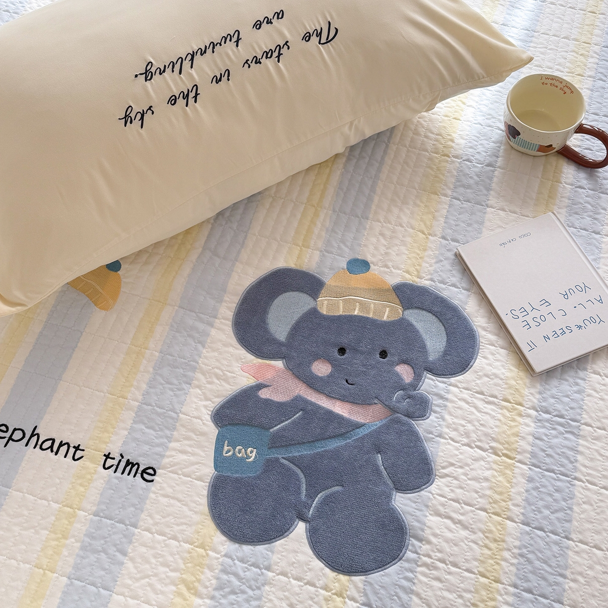 91家纺网 家纺一手货源 找家纺 吾欢心 2026新款水洗棉可爱卡通贴布绣花床盖单品床盖单件三件套 萌萌小象