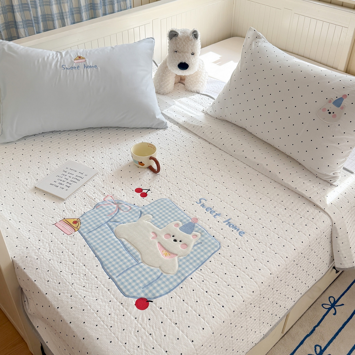 91家纺网 家纺一手货源 找家纺 吾欢心 2026新款水洗棉可爱卡通贴布绣花床盖单品床盖单件三件套 沙发狗