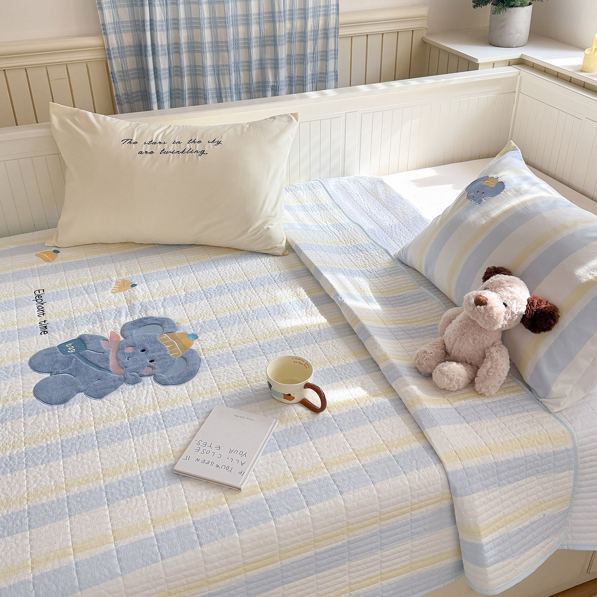 91家纺网 家纺一手货源 找家纺 吾欢心 2026新款水洗棉可爱卡通贴布绣花床盖单品床盖单件三件套 萌萌小象