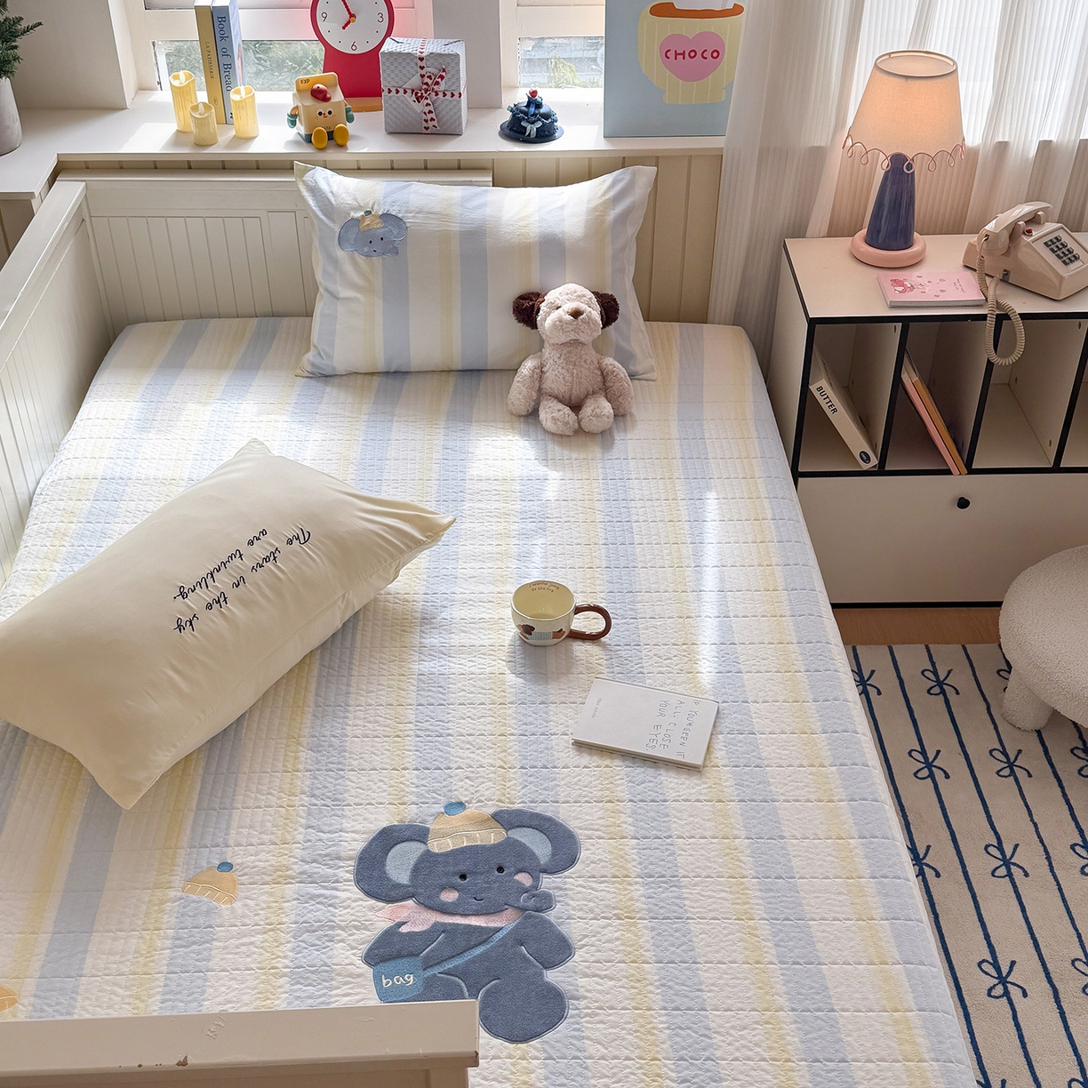 91家纺网 家纺一手货源 找家纺 吾欢心 2026新款水洗棉可爱卡通贴布绣花床盖单品床盖单件三件套 萌萌小象