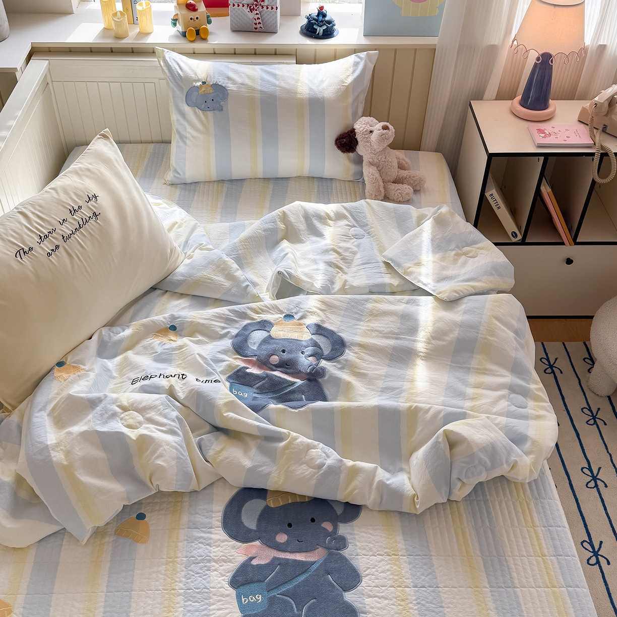 91家纺网 家纺一手货源 找家纺 吾欢心 2026新款水洗棉可爱卡通贴布绣花床盖单品床盖单件三件套 萌萌小象