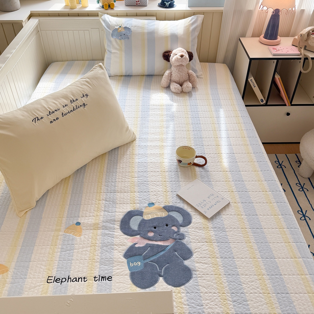 91家纺网 家纺一手货源 找家纺 吾欢心 2026新款水洗棉可爱卡通贴布绣花床盖单品床盖单件三件套 萌萌小象