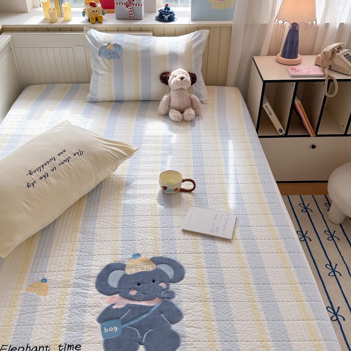 91家纺网 家纺一手货源 找家纺 吾欢心 2026新款水洗棉可爱卡通贴布绣花床盖单品床盖单件三件套 萌萌小象