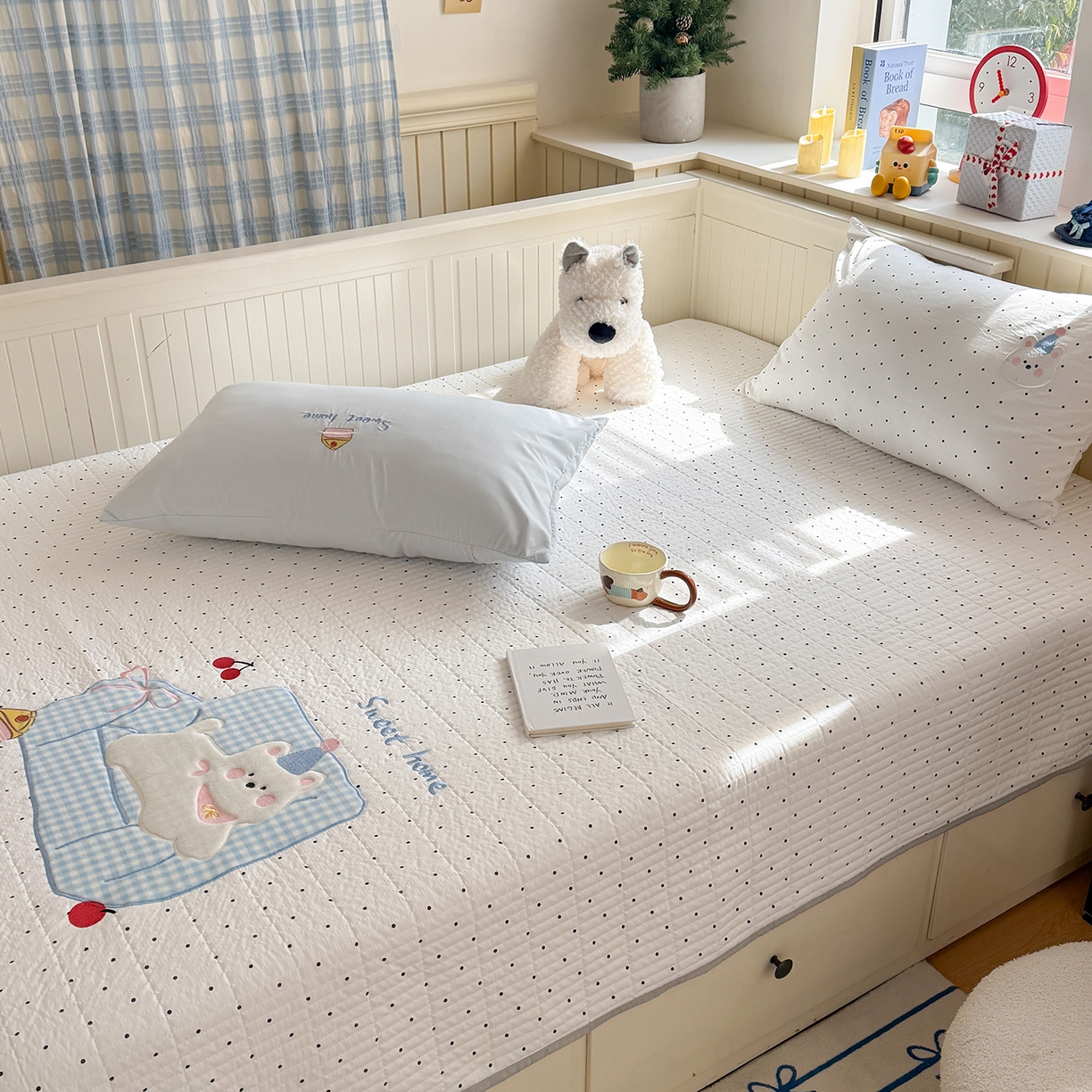 91家纺网 家纺一手货源 找家纺 吾欢心 2026新款水洗棉可爱卡通贴布绣花床盖单品床盖单件三件套 沙发狗