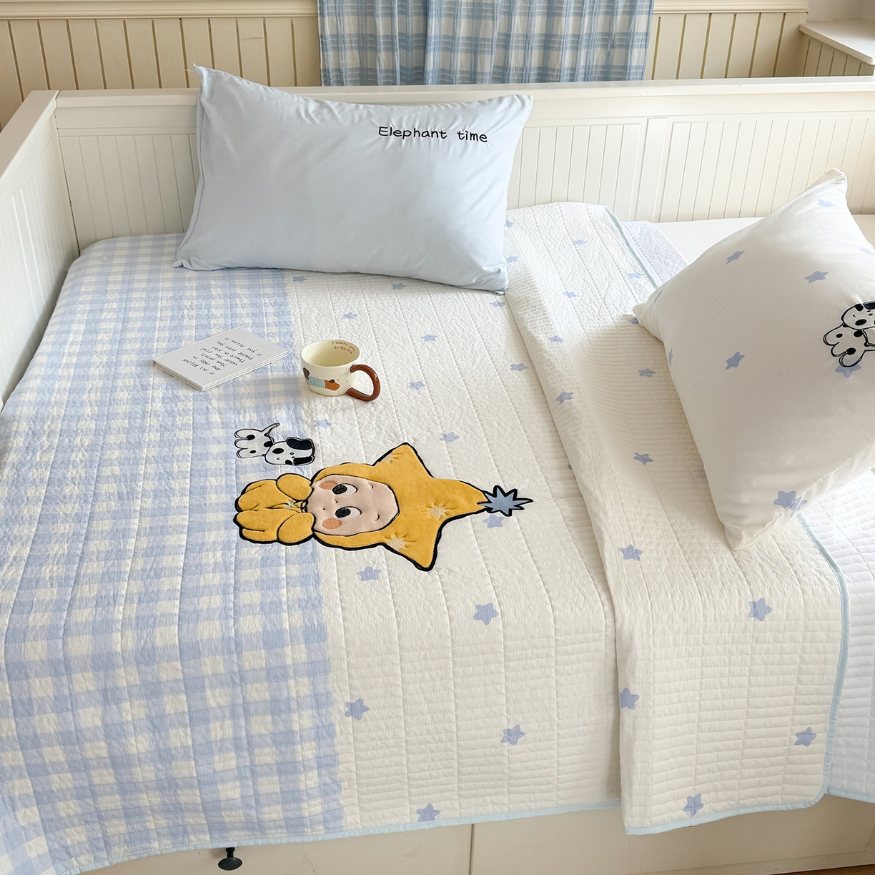 91家纺网 家纺一手货源 找家纺 吾欢心 2026新款水洗棉可爱卡通贴布绣花床盖单品床盖单件三件套 星星宝贝