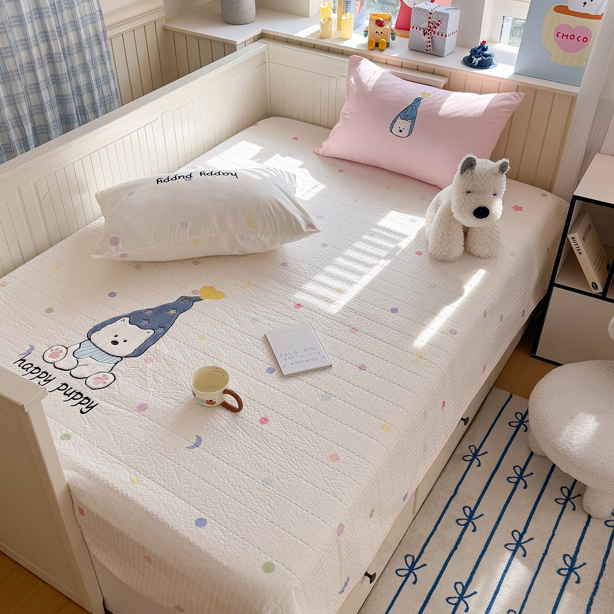 吾欢心 2026新款水洗棉可爱卡通贴布绣花床盖单品床盖单件三件套 开心露比