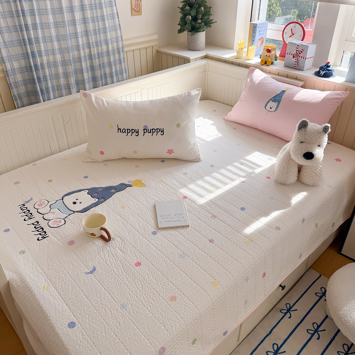 91家纺网 家纺一手货源 找家纺 吾欢心 2026新款水洗棉可爱卡通贴布绣花床盖单品床盖单件三件套 开心露比