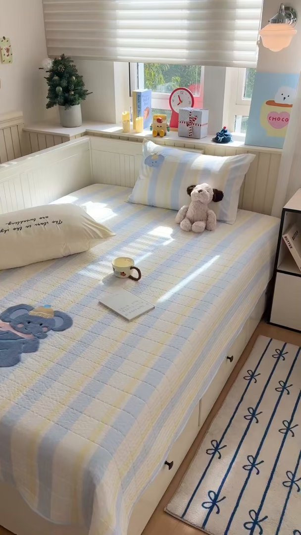 91家纺网 家纺一手货源 找家纺 吾欢心 2026新款水洗棉可爱卡通贴布绣花床盖单品床盖单件三件套 萌萌小象