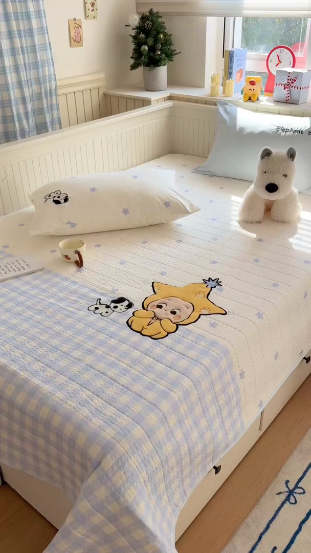 91家纺网 家纺一手货源 找家纺 吾欢心 2026新款水洗棉可爱卡通贴布绣花床盖单品床盖单件三件套 星星宝贝