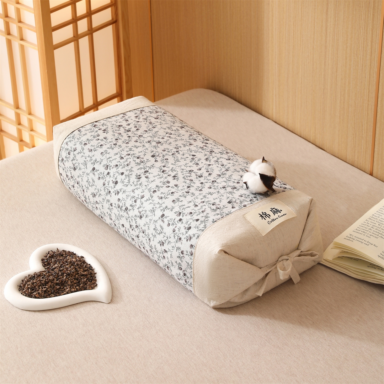 91家纺网 家纺一手货源 找家纺 （总）芯洲 2026新款古典宫廷荞麦枕棉麻款可调节高度绑带款荞麦助眠枕头枕芯