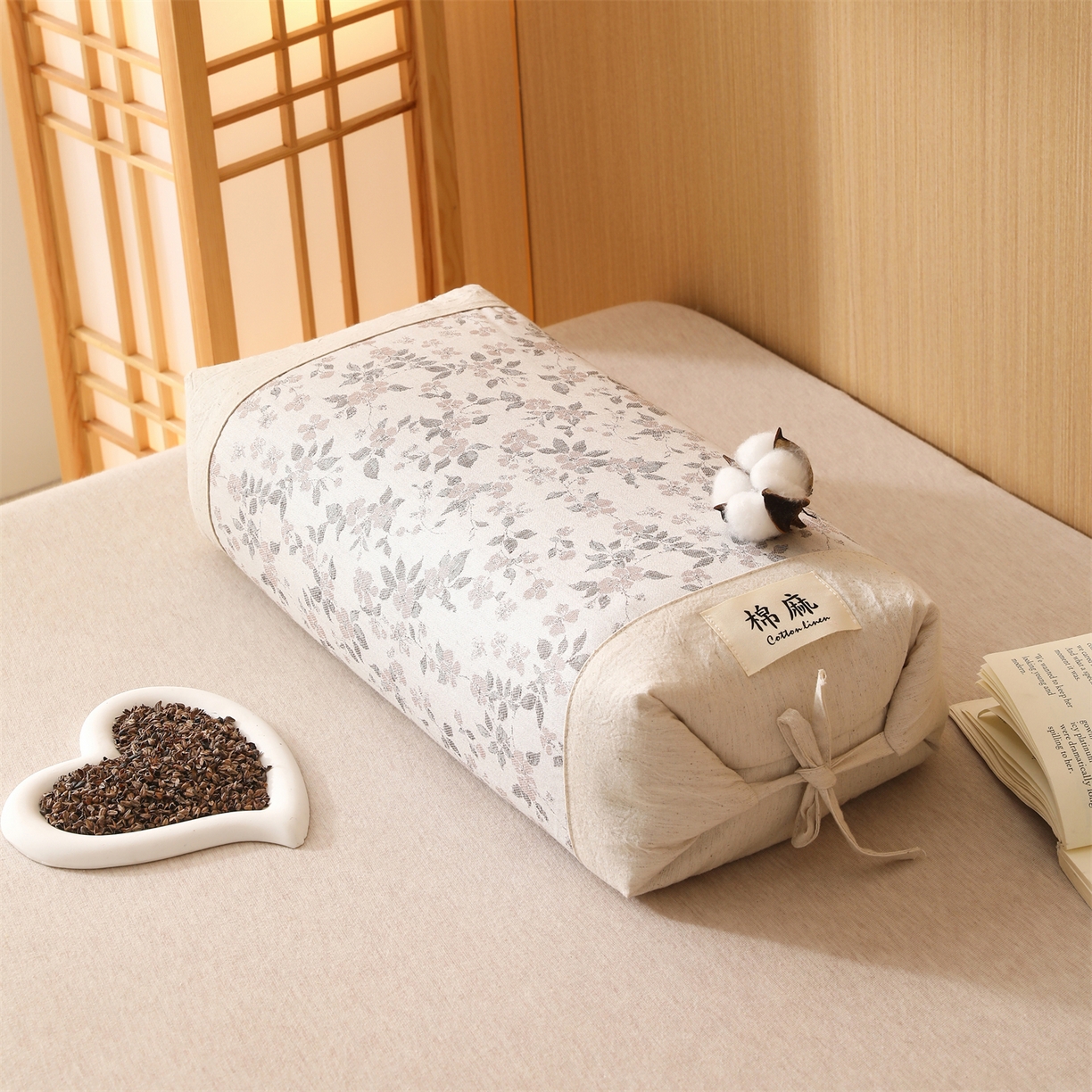 芯洲 2026新款古典宫廷荞麦枕棉麻款可调节高度绑带款荞麦助眠枕头枕芯 春遇-水墨