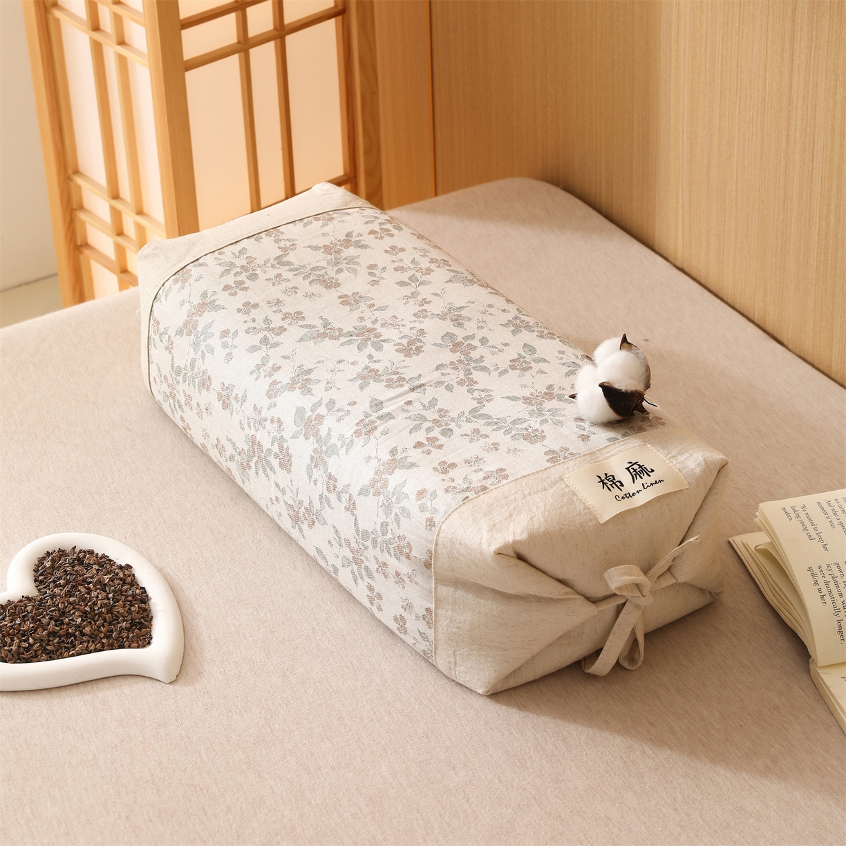 芯洲 2026新款古典宫廷荞麦枕棉麻款可调节高度绑带款荞麦助眠枕头枕芯 春遇-锈红