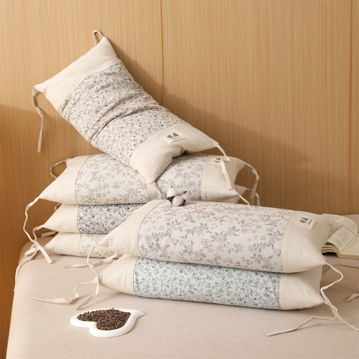 91家纺网 家纺一手货源 找家纺 芯洲 2026新款古典宫廷荞麦枕棉麻款可调节高度绑带款荞麦助眠枕头枕芯 组合图