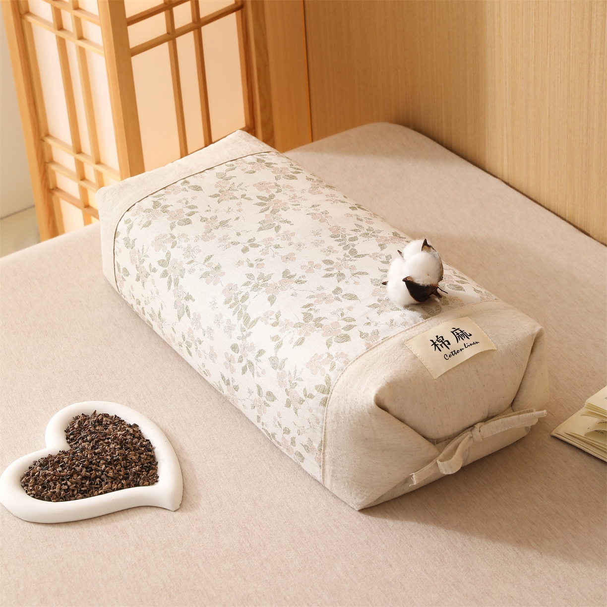 芯洲 2026新款古典宫廷荞麦枕棉麻款可调节高度绑带款荞麦助眠枕头枕芯 春遇-米黄