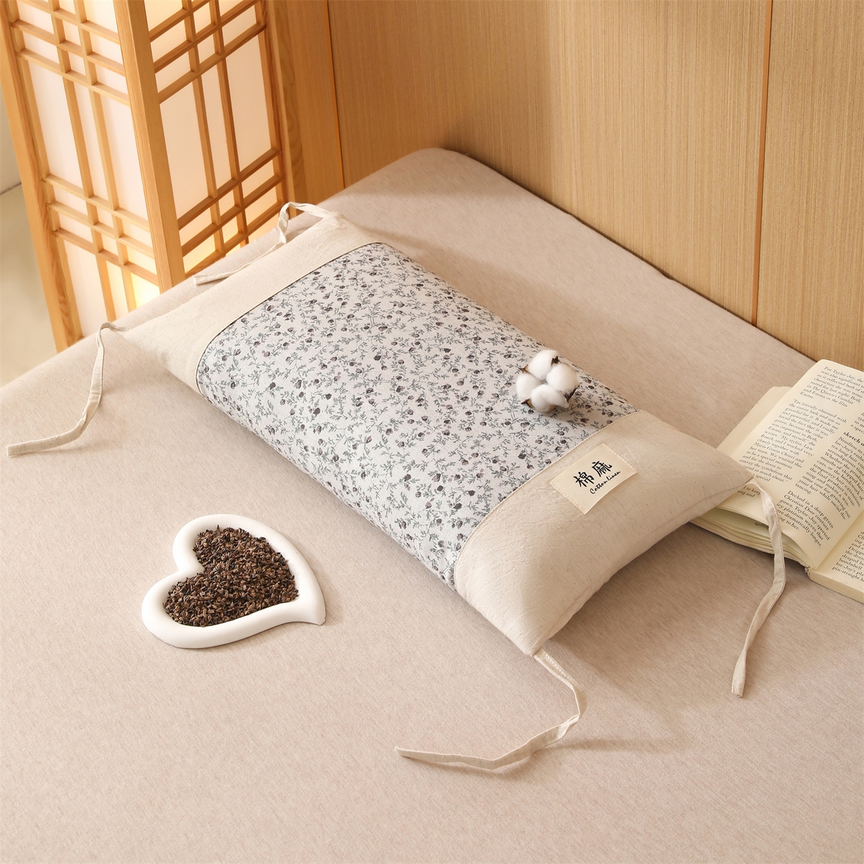 芯洲 2026新款古典宫廷荞麦枕棉麻款可调节高度绑带款荞麦助眠枕头枕芯 春遇-兰紫