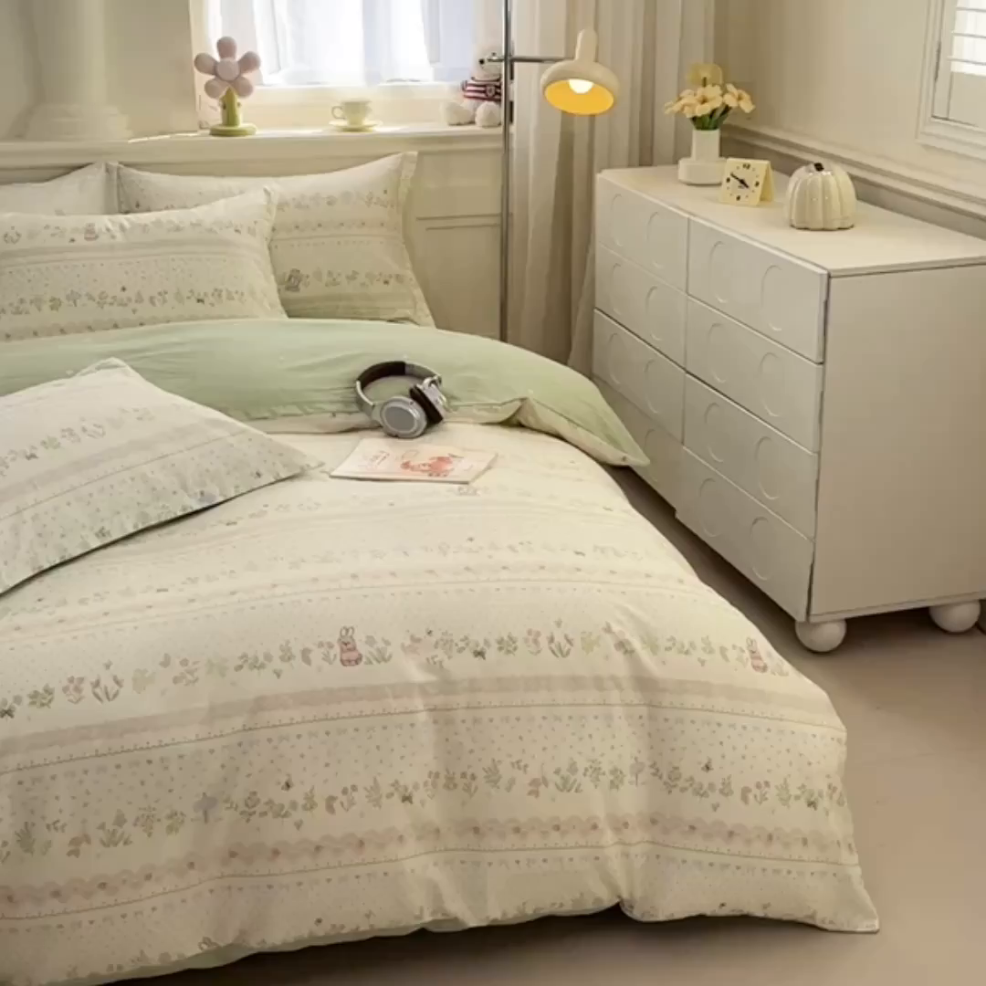 91家纺网 家纺一手货源 找家纺 佑金甜 2026新款精梳全棉印花单被套 森系小兔