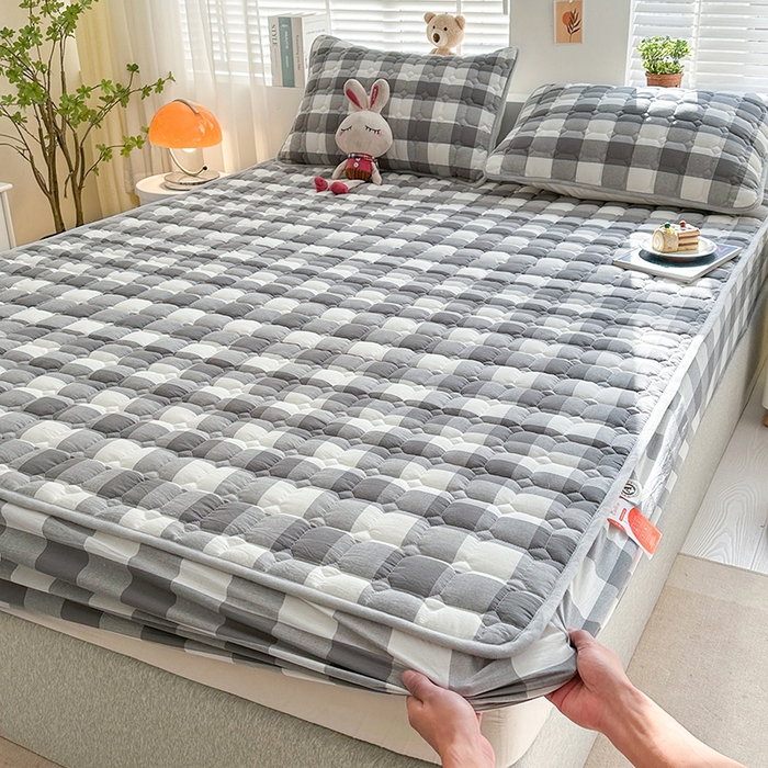 91家纺网 家纺一手货源 找家纺 犇牛仓储供应链 2026新款亲肤纯棉加厚床笠 时尚灰中格