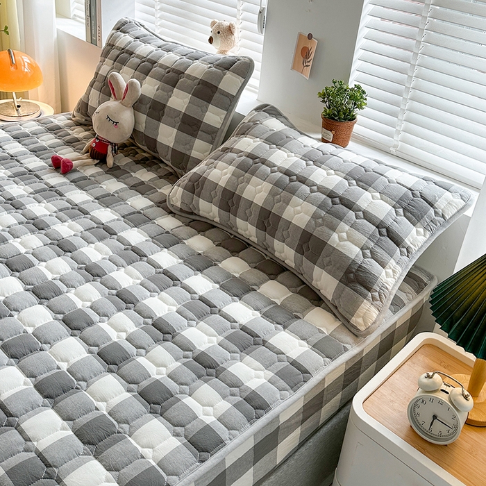 91家纺网 家纺一手货源 找家纺 犇牛仓储供应链 2026新款亲肤纯棉加厚床笠 时尚灰中格