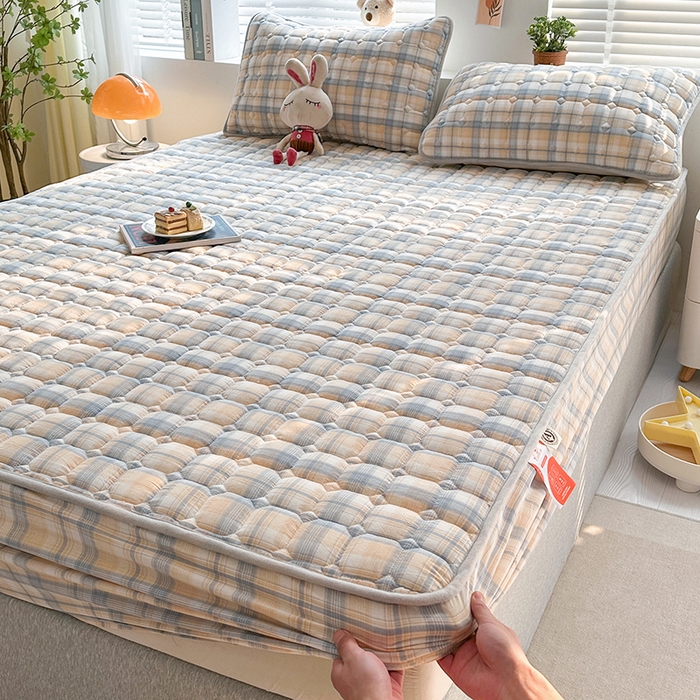 91家纺网 家纺一手货源 找家纺 犇牛仓储供应链 2026新款亲肤纯棉加厚床笠 素雅咖错格