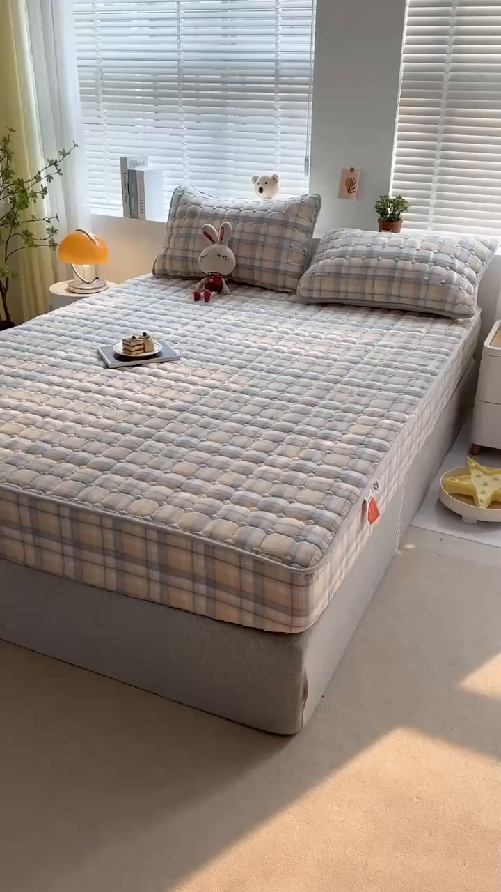 91家纺网 家纺一手货源 找家纺 犇牛仓储供应链 2026新款亲肤纯棉加厚床笠 素雅咖错格